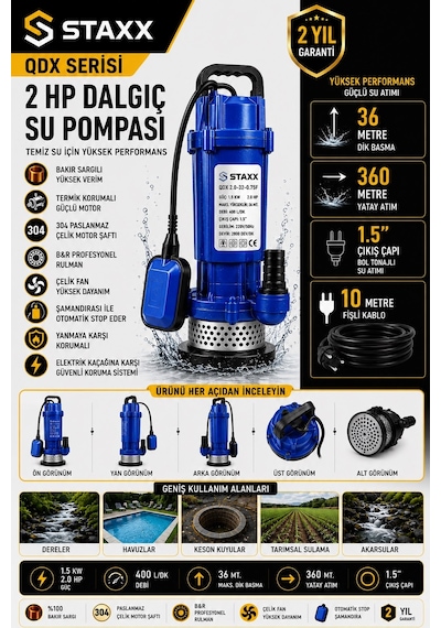 Staxx Qdx2hpm 2hp Dalgıç Su Pompası Bakır Sargılı Şamandıralı 40 Metre Basma 1.5'' Temiz Su Motoru
