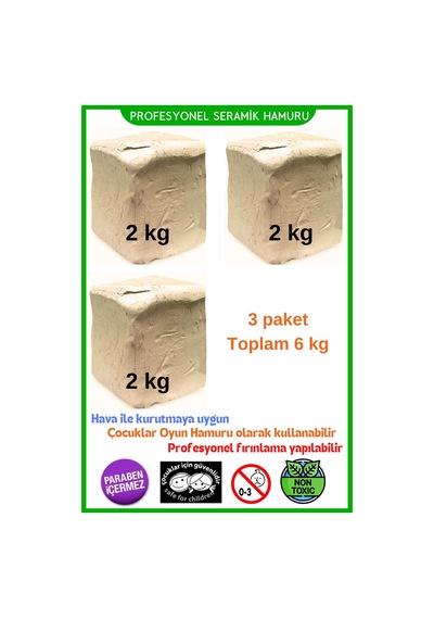 Seramik Hamuru Kil Çamuru, Doğal Oyun Hamuru 3 Adet 2 Kg Toplam 6 Kg