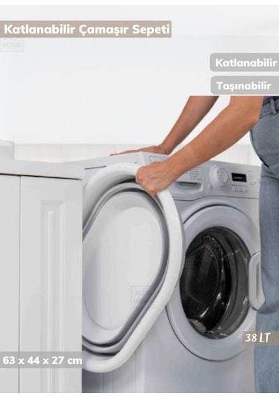 Çamaşır Sepeti Katlanır Sele Silikon Sepet Büyük Boy 38 Lt. Beyaz Gri