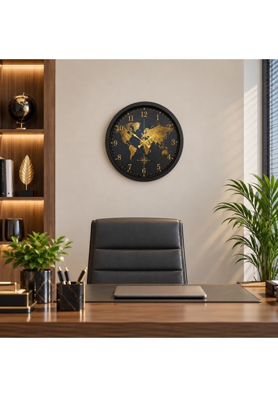 Altın Atlas Dünya Haritalı 40 X 40 Cm Siyah Metal Duvar Saati
