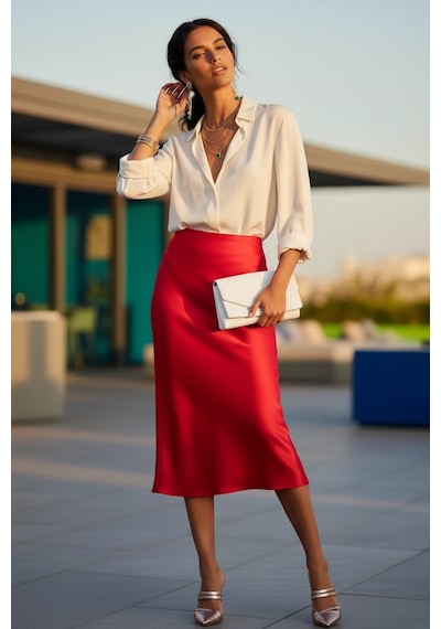 Fashion Cocktail Saten Dökümlü Belden Oturan Kalın Iç Lastikli Yırtmaçsız Diz Altı Midi Ofis Etek Pembe Fashion Cocktail Saten Dökümlü Belden Oturan Kalın Iç Lastikli Yırtmaçsız Diz Altı Midi Ofis Etek Pembe