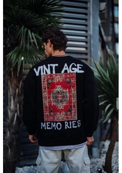 Oversize Bisiklet Yaka Üç İplik Baskılı Sweatshirt - Siyah