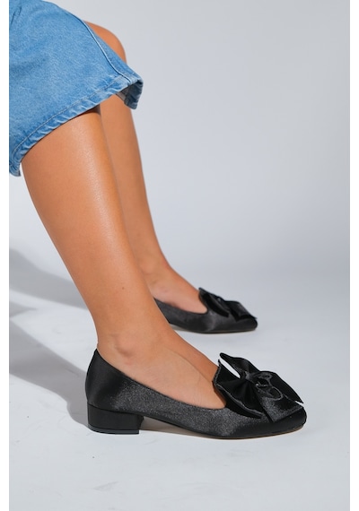 Luvishoes Luvi Shoes Real Siyah Saten Fiyonklu Kadın Topuklu Babet Ayakkabı Siyah Saten