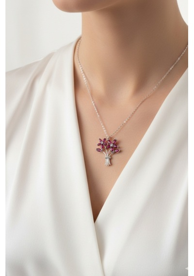 Çekirdekjewelry 925 Ayar Gümüş Kırmızı Taşlı Buket Kolye Gri