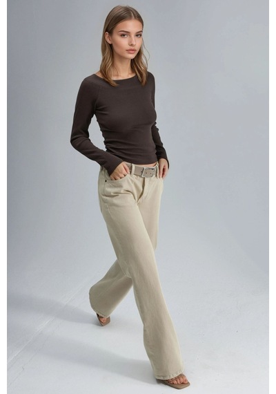Hiccup Busem Slim Fit Fitilli Kayık Yaka Bluz Kahve Kahvesi