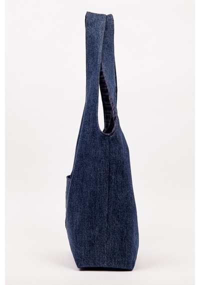 Fabric Craft Bag Denim Omuz Çantası Kadın Lacivert Cepli Astarlı Günlük Çanta 38x32 Cm