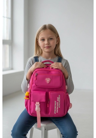 Pembe Fuşya Kore Model Çok Bölmeli Suya Dayanıklı Okul Çantası Yerli Üretim