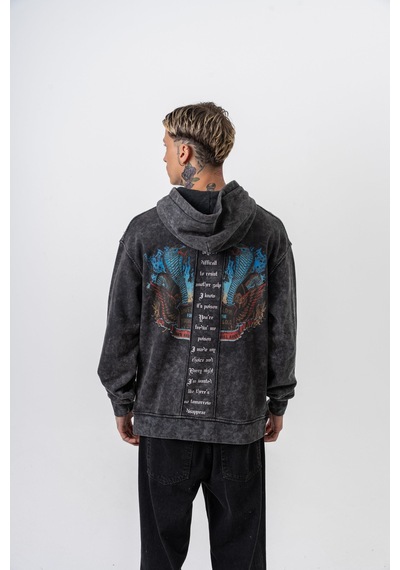 Respire Erkek Snake Baskılı Yıkamalı Kapüşonlu Oversize Hoodie Siyah