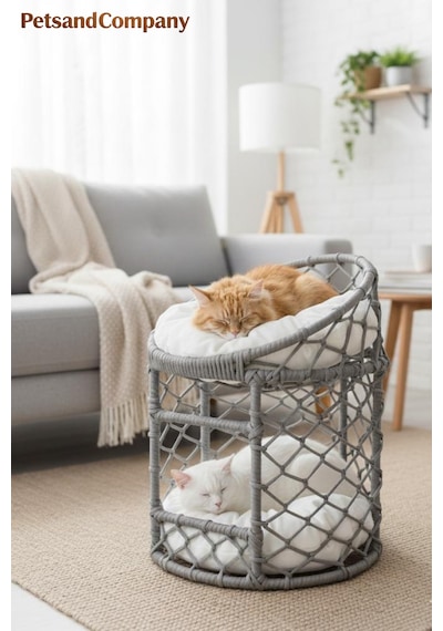 Lüks İki Katlı Kedi Evi, El Yapımı Özel Tasarım Örgü Kedi Yatağı, Modern Kedi Kulübesi Gri