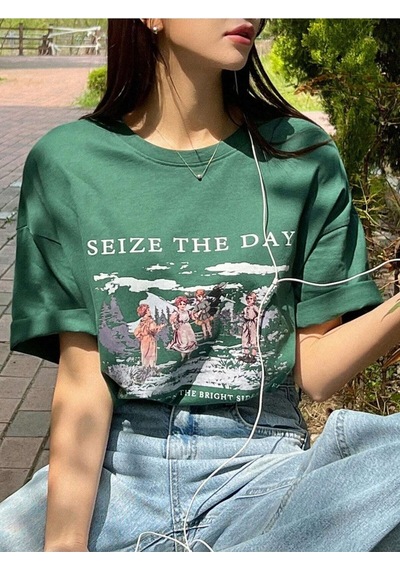 Flood Of Style Kadın Nefti Yeşili Seize The Day Baskılı Oversize T-shirt Yeşil