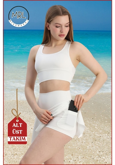 Missmaral Kadın Alt-üst Takım Şort & Crop Denizde Havuzda Sporda Casual/ Günlük Kullanım Ekru Tk3107 Ekru