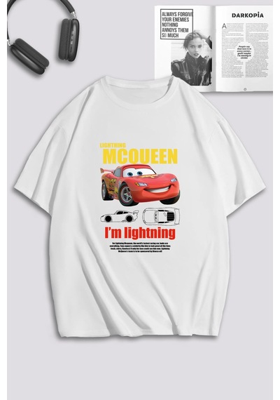 Unisex Kadın Erkek Şimşek Mcqueen Ve Sally Baskılı Özel Tasarım Oversize T-shirt Beyaz Mck0498 Beyaz