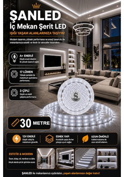 3 Çipli Şerit Led Beyaz Işık Rengi 12v - 30 Metre