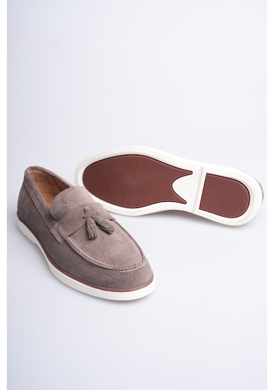 Fame Step Hakiki Deri Erkek Loafer Ayakkabı Süet Günlük Rahat Casual Mokasen Püsküllü Siena Vizon