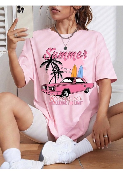 Flood Of Style Kadın Pembe Summer Racing Car Baskılı Oversize T-shirt