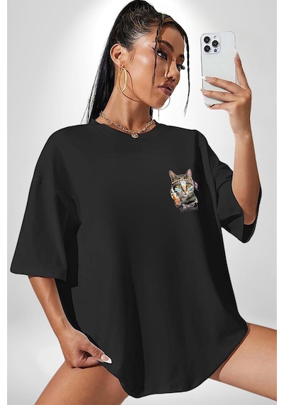 Red Cloud Kedi Hintli Siyah Oversize Unisex Ön Sol Yan Minimal Baskılı Tişört Koyu Siyah