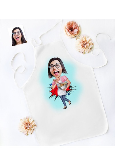Kişiye Özel Ev Hanımı Anne Karikatür Mutfak Önlüğü - 3 Bej