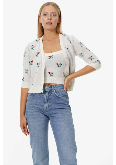 Sementa Çiçek Motifli Crop Triko Takım - Kemik 001