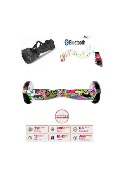 Citymate Elektrikli Kaykay Hoverboard Bluetooth Hoparlörlü 6.5 İnç Grafiti D04 +Çanta