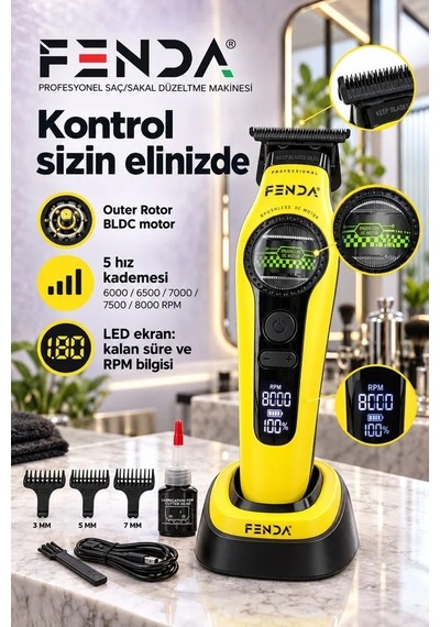 Fenda Profesyonel Saç Kesme, Ense Çizim Ve Sakal Tıraş Makinesi Sarı Fnsacks0015