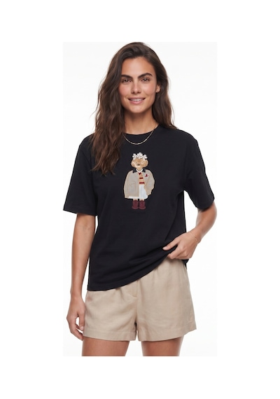 Onloox Kadın Siyah Siyah Pamuklu Kısa Kollu Relaxed Fit Köpek Nakışlı Taş İşlemeli Bisiklet Yaka T-shirt