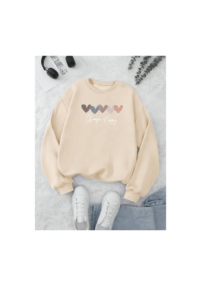 Medinenur Choose Happy Baskılı Kapüşonlu Sweatshirt Bej