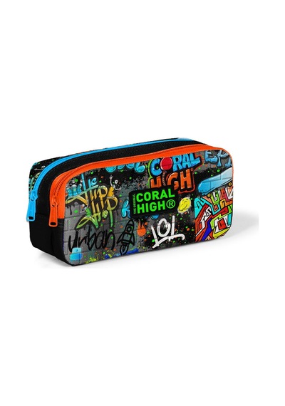 Coral High Kids Siyah Mavi Grafiti Desenli İki Bölmeli Kalem Çantası 22161