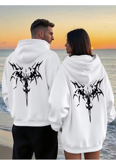 Nevermind Sevgili Çift Kombin Trend Baskılı Kapüşonlu Sweatshirt 2li Set Ta Beyaz