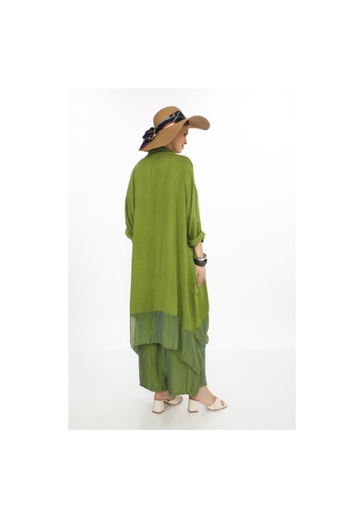 Bohem Stil Italyan Ipek Detaylı Oversize Kap Bluz- Wes Pantolon Takım-8863 Yağ Yeşili