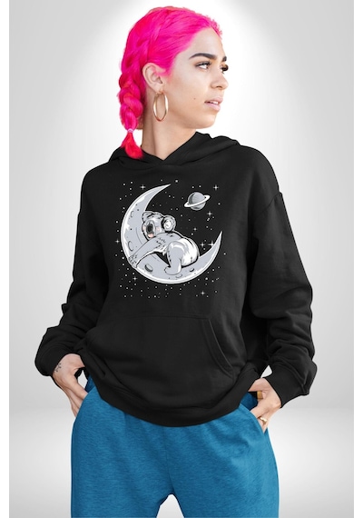 Kuala Sancar Uyuyor Ay Mars Kadın Erkek Siyah Kapüşonlu Sweatshirt Hoodie Siyah