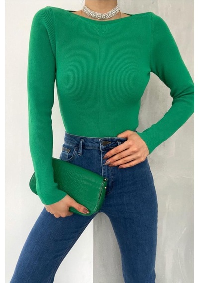 Femelle Kadın Yeşil Standart Beden Basic Yaka Detaylı Fitilli Örme Bluz