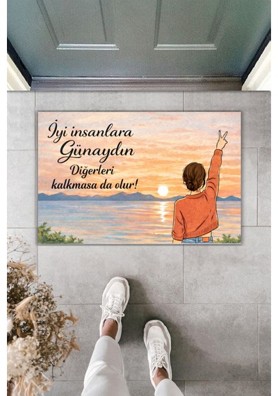 Rugmood Modern Dijital Baskı - İyi İnsanlara Günaydın - Kapı Önü Paspası Çok Renkli