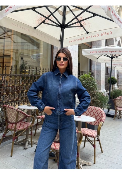 Out Of Standart Kadın Cropped Fermuar Detaylı Denim Ceket Blue