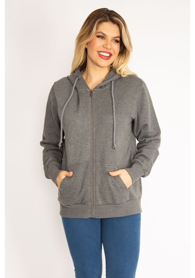 Şans Kadın Gri Sırtı Çift Fermuar ve Çıtçıt Düğme ve Ön Fermuarlı İçi Şardonlu Sweatshirt 65n35069-gri Gri