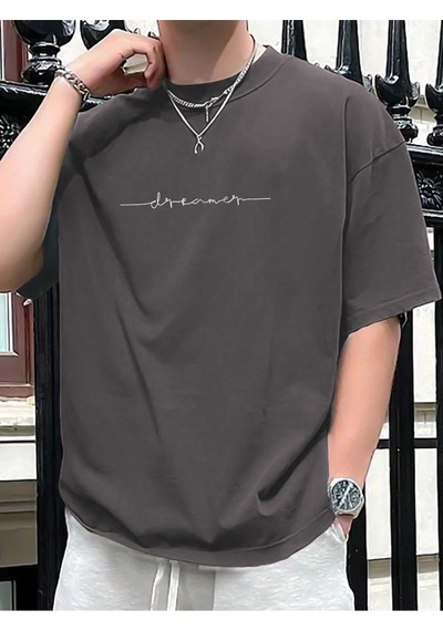 Startmore Oversize Erkek Dreamer Baskılı Bisiklet Yaka T-shirt Gri