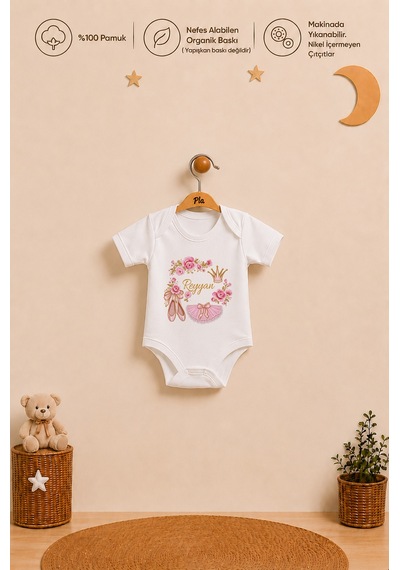 Pia Baby Kız Bebek İsme Özel Hediye Seti 2'li %100 Pamuk Organik Baskılı Body Zıbın Ve Ham Bez Kıyafet Kesesi 2090b2k0x Ekru