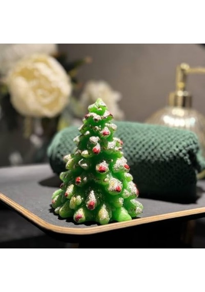 Ağacı Mumu El Yapımı Yeşil Tinsel Ve Süslemeli Yılbaşı Temalı 15 Cm Genel