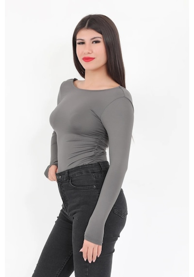 Giysa Kadın Füme Sırt Dekolteli Uzun Kollu Çıtçıtlı Esnek Zıbın Body - 2440 Füme