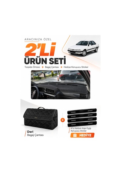 Peugeot 405 1987-1992 Uyumlu Torpido Örtüsü + Deri Bagaj Çantası + Sticker Seti - Siyah