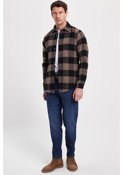 Tudors Erkek Slim Fit Dar Kesim Kareli Kışlık Oduncu Gömlek-42338 Siyah