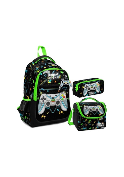 Coral High Erkek Çocuk Üç Gözlü İlkokul Çanta Seti - Siyah Fosforlu Yeşil Gamer Desenli