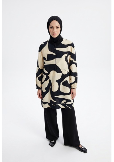 Armine Trend Yarım Fermuarlı Kendinden Desenli Tunik Bej 26yt473
