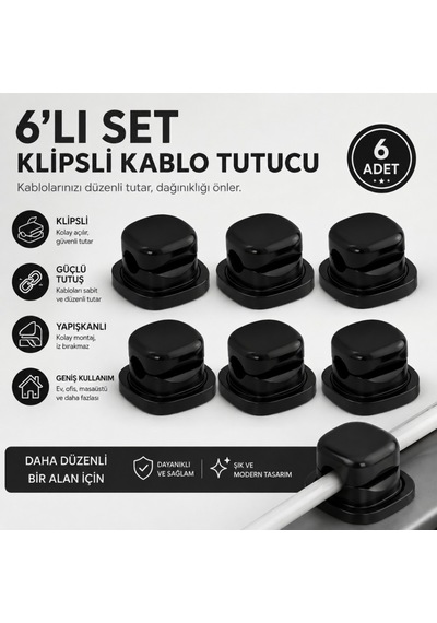 Polham 6 Lı Set Klipsli Kablo Tutucu Yapışkanlı Masaüstü Kablo Düzenleyici, Şarj Usb Mouse Kulaklık Kablo Sabitleyici