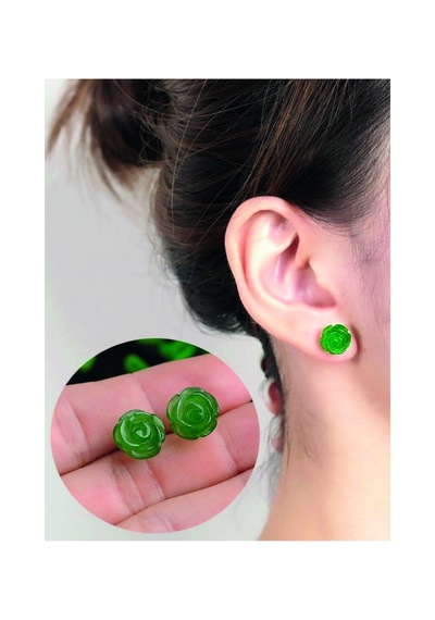 Yeşil Gül Model Kadın Gümüş Küpe 8 Mm