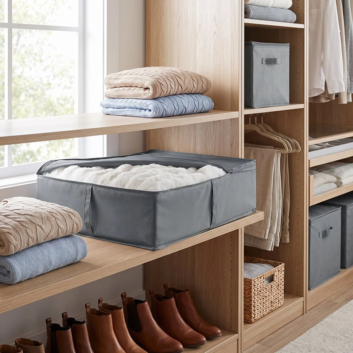 Gri Kumaş Saklama Hurcu 69x55x19 Cm Dolap İçi Düzenleyici Büyük Boy Kıyafet Ve Battaniye Organizer