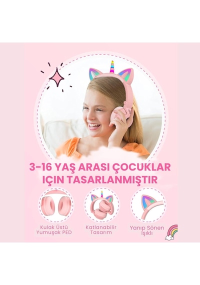 Polham Unicorn 94DB Kulak Pedli Bluetooth 5.3 Kulak Üstü Çocuk Kulaklığı