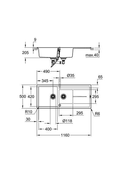 Grohe K400 Kompozit Eviye 60 -C 116 / 50. Granit Gri - 31643At0