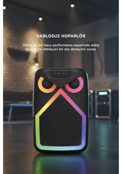 Bluetooth Hoparlör Baykuş Görünümlü 50w Rgb Led Işıklı Kablosuz Mikrofonlu Taşınabilir Karaoke Speaker