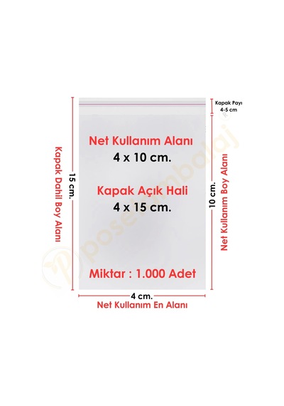 4x10+5 Cm. 4x15 1.000 Adet Şeffaf Bantlı Yapışkanlı Opp Poşet