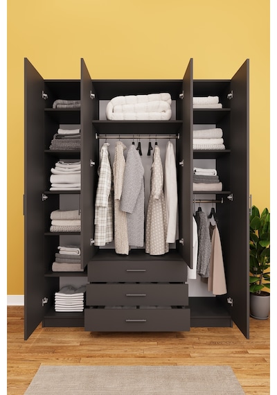 Asra Trend 4 Kapaklı Gardırop G-02 %100 MDF 3 Çekmeceli Fonksiyonel Elbise Dolabı Antrasit Asra Trend 4 Kapaklı Gardırop G-02 %100 MDF 3 Çekmeceli Fonksiyonel Elbise Dolabı Antrasit